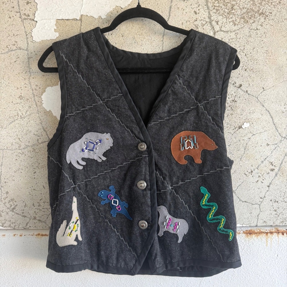 Vintage Quilted Vest Southwestern Animal Beaded Applique 90s Boho Wearable Art M